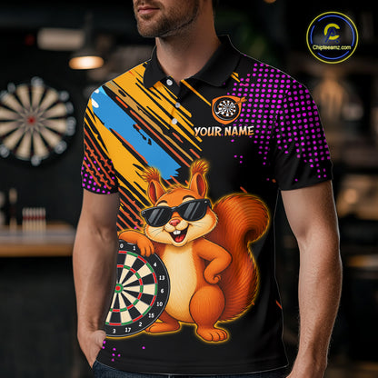 Person wearing a colorful polo shirt with a cartoon squirrel and dartboard design, in an indoor setting.