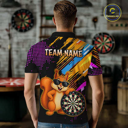 Person wearing a colorful shirt with a cartoon squirrel holding a dartboard in a room with dartboards on the wall.