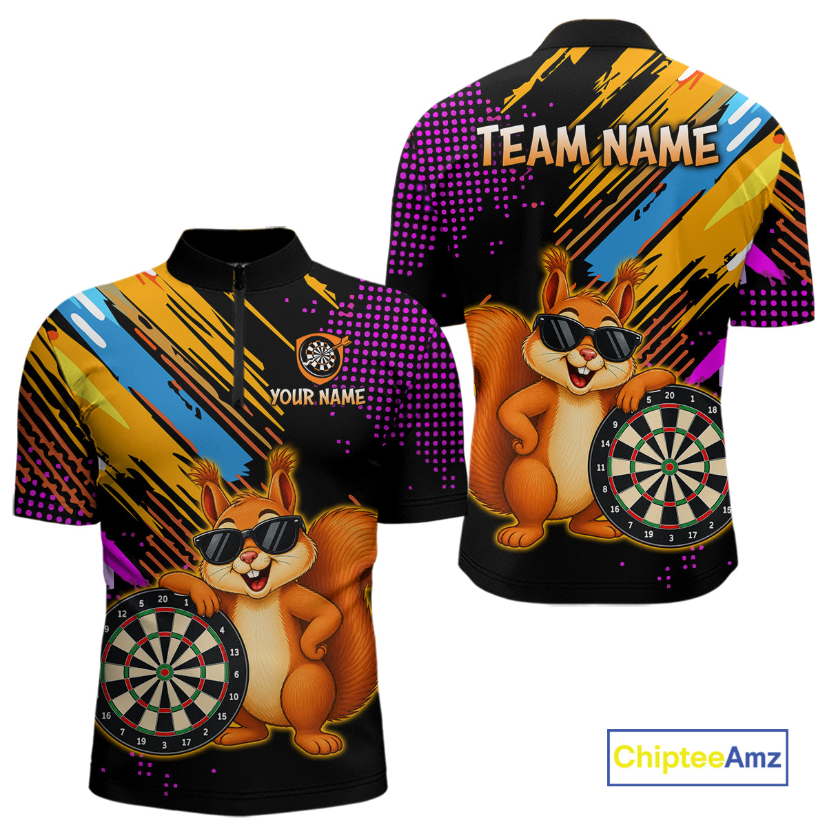 Colorful shirt with cartoon squirrel holding a dartboard design, customizable text, and Chiptee Amz branding.