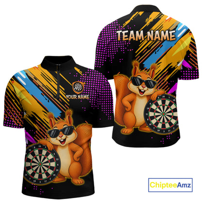 Colorful shirt with cartoon squirrel holding a dartboard design, customizable text, and Chiptee Amz branding.