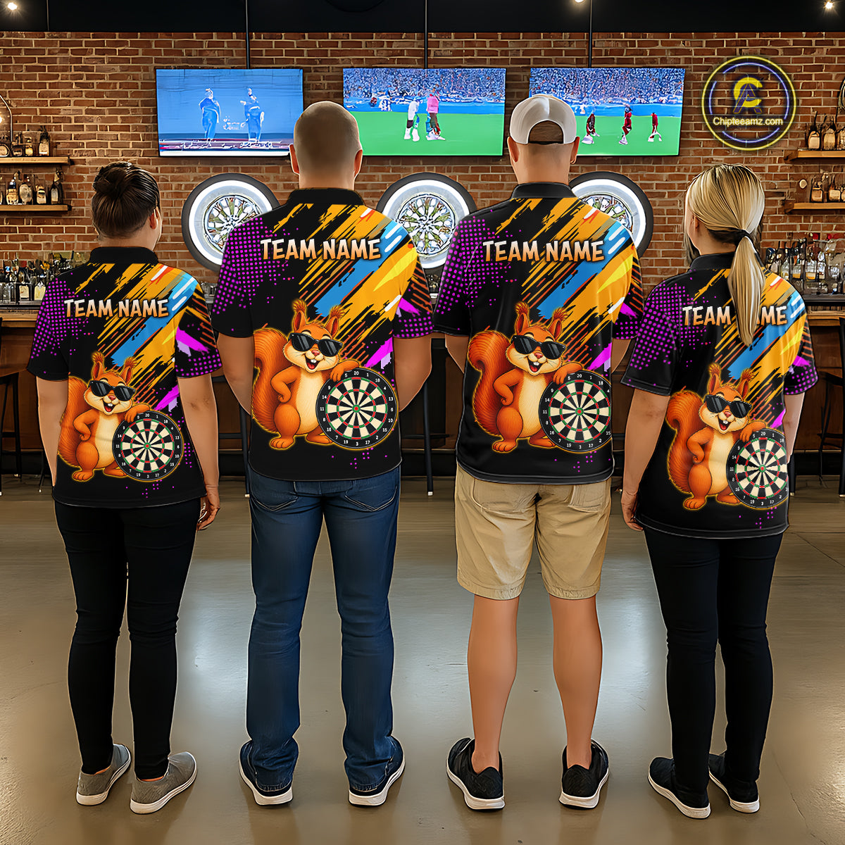 Four people wearing matching team jerseys with a cartoon character and dartboard design in a bar setting.