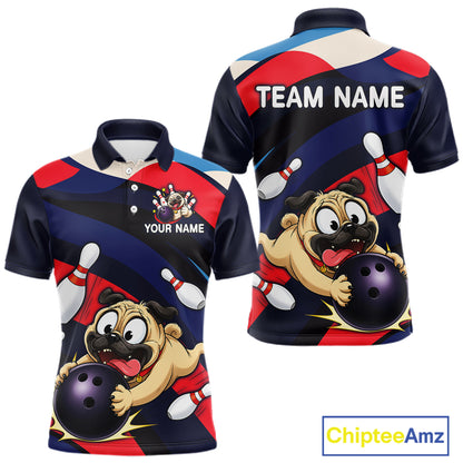 Front and back views of a navy, red, and white bowling polo featuring a cartoon pug holding a purple bowling ball, pins, and custom team text.