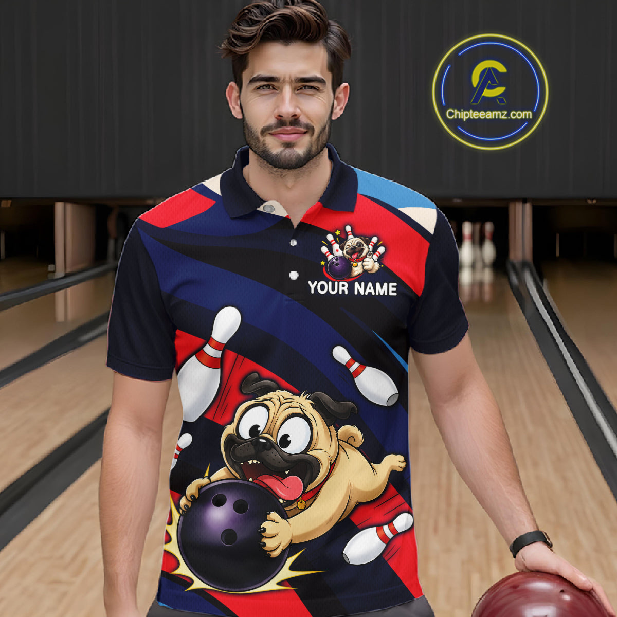 Man wearing a navy, red, and white bowling polo featuring a cartoon pug holding a purple bowling ball, pins, and custom your name text.