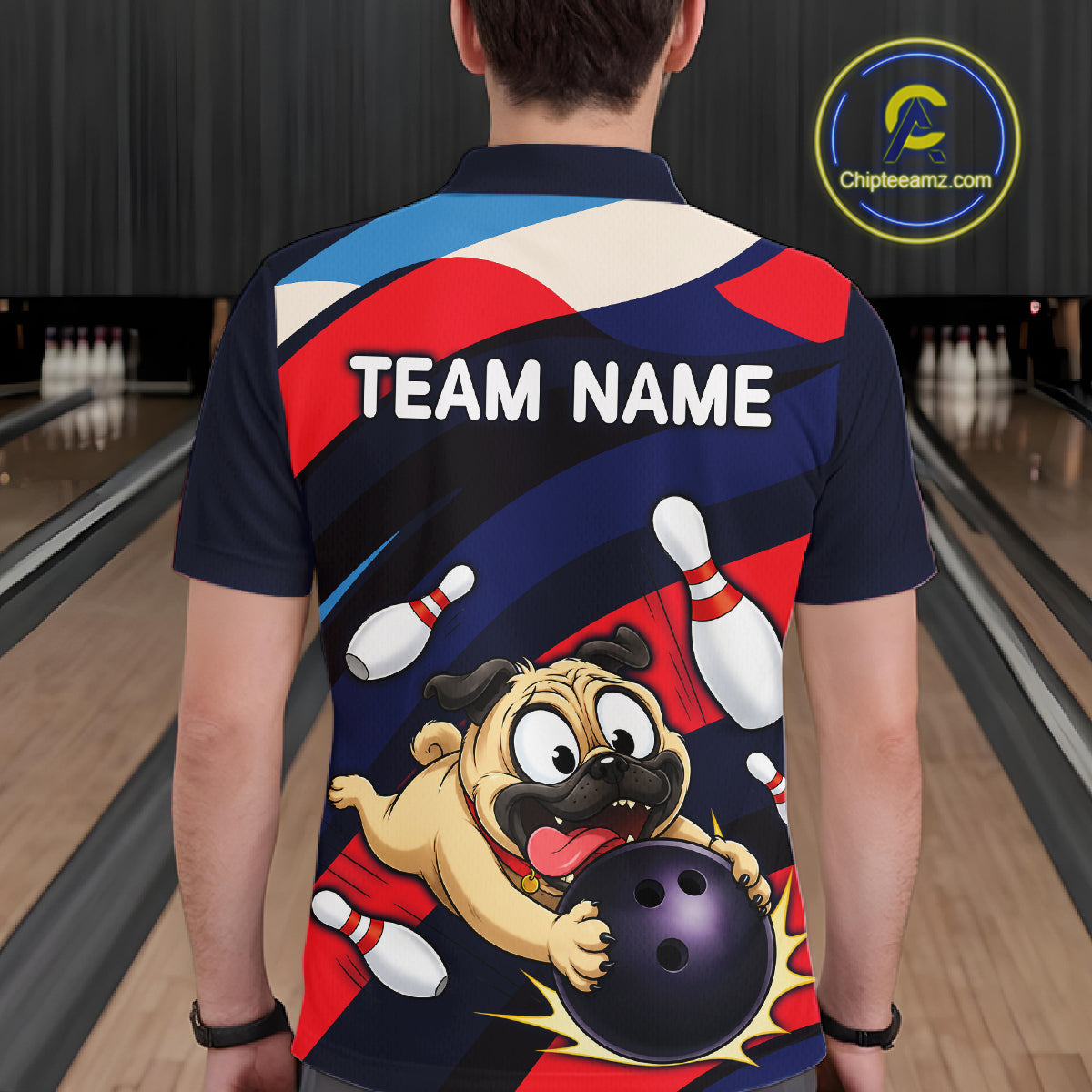 Man wearing a navy, red, and white bowling polo featuring a cartoon pug holding a purple bowling ball, pins, and custom your name text.