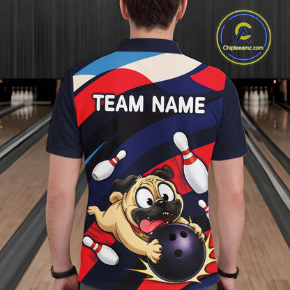Man wearing a navy, red, and white bowling polo featuring a cartoon pug holding a purple bowling ball, pins, and custom your name text.