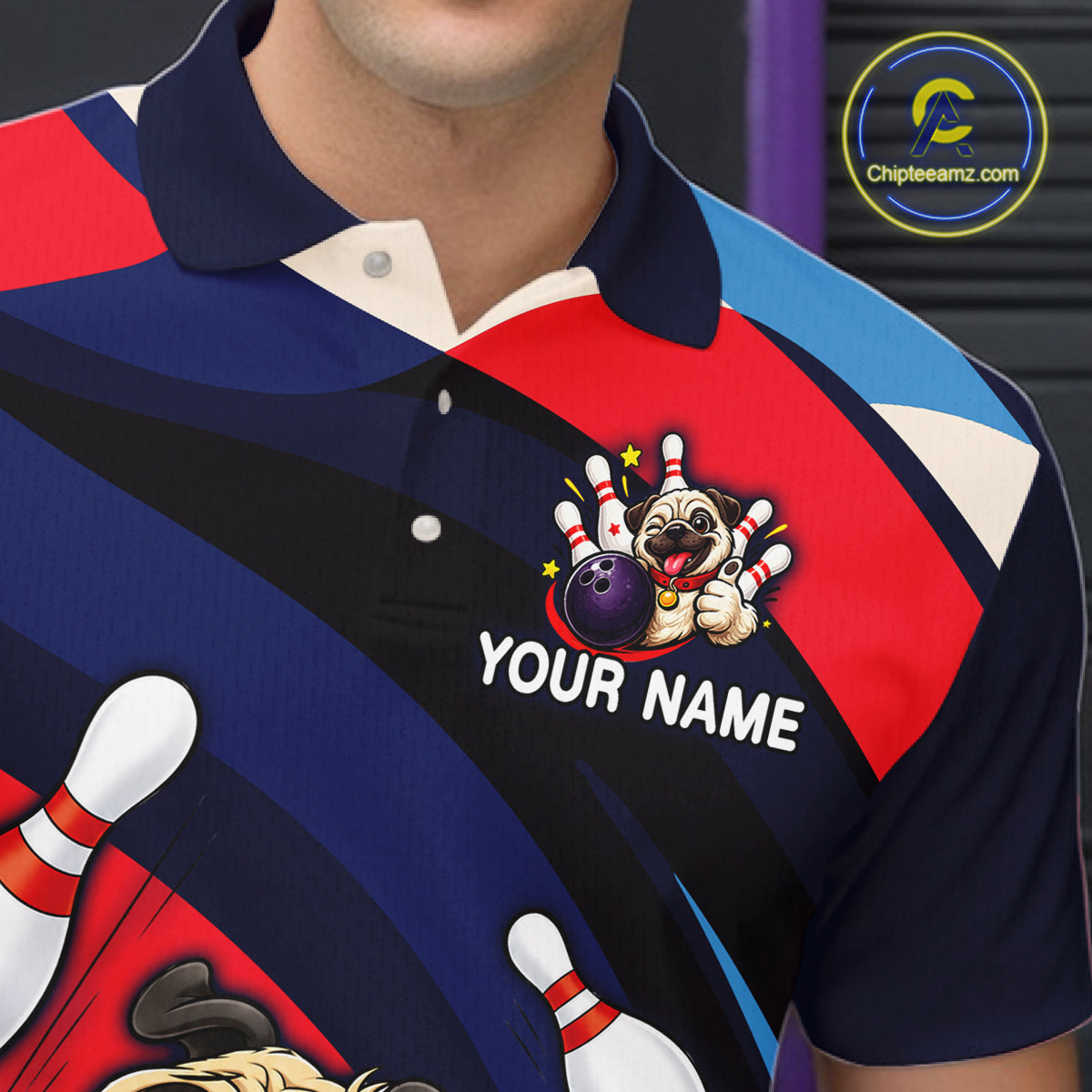 Colorful polo shirt with a dog bowling design and 'Your Name' text, brand logo visible.