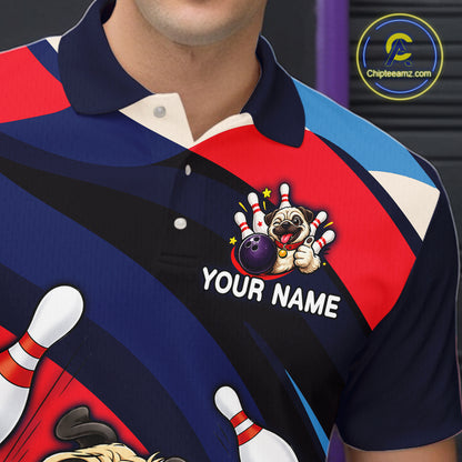 Colorful polo shirt with a dog bowling design and 'Your Name' text, brand logo visible.