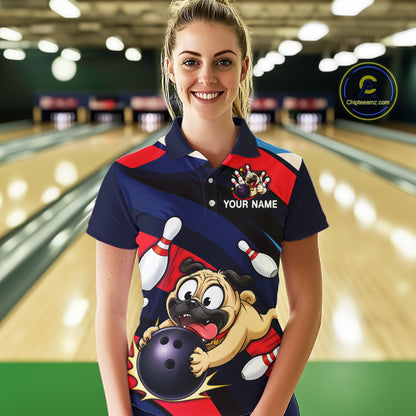 Person wearing a navy, red, and white bowling polo featuring a cartoon pug holding a purple bowling ball, pins, and custom team text.