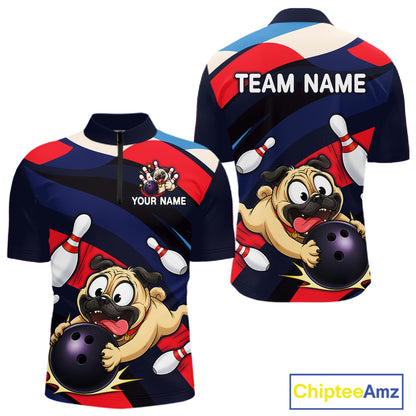 Front and back views of a navy, red, and white bowling quarter zip featuring a cartoon pug holding a purple bowling ball, pins, and custom team text.