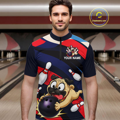 Man wearing a navy, red, and white bowling quarter zip featuring a cartoon pug holding a purple bowling ball, pins, and custom your name text.
