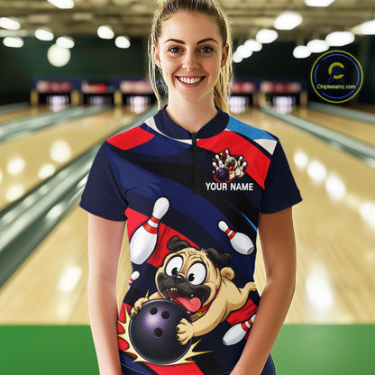 Person wearing a navy, red, and white bowling quarter zip featuring a cartoon pug holding a purple bowling ball, pins, and custom team text.