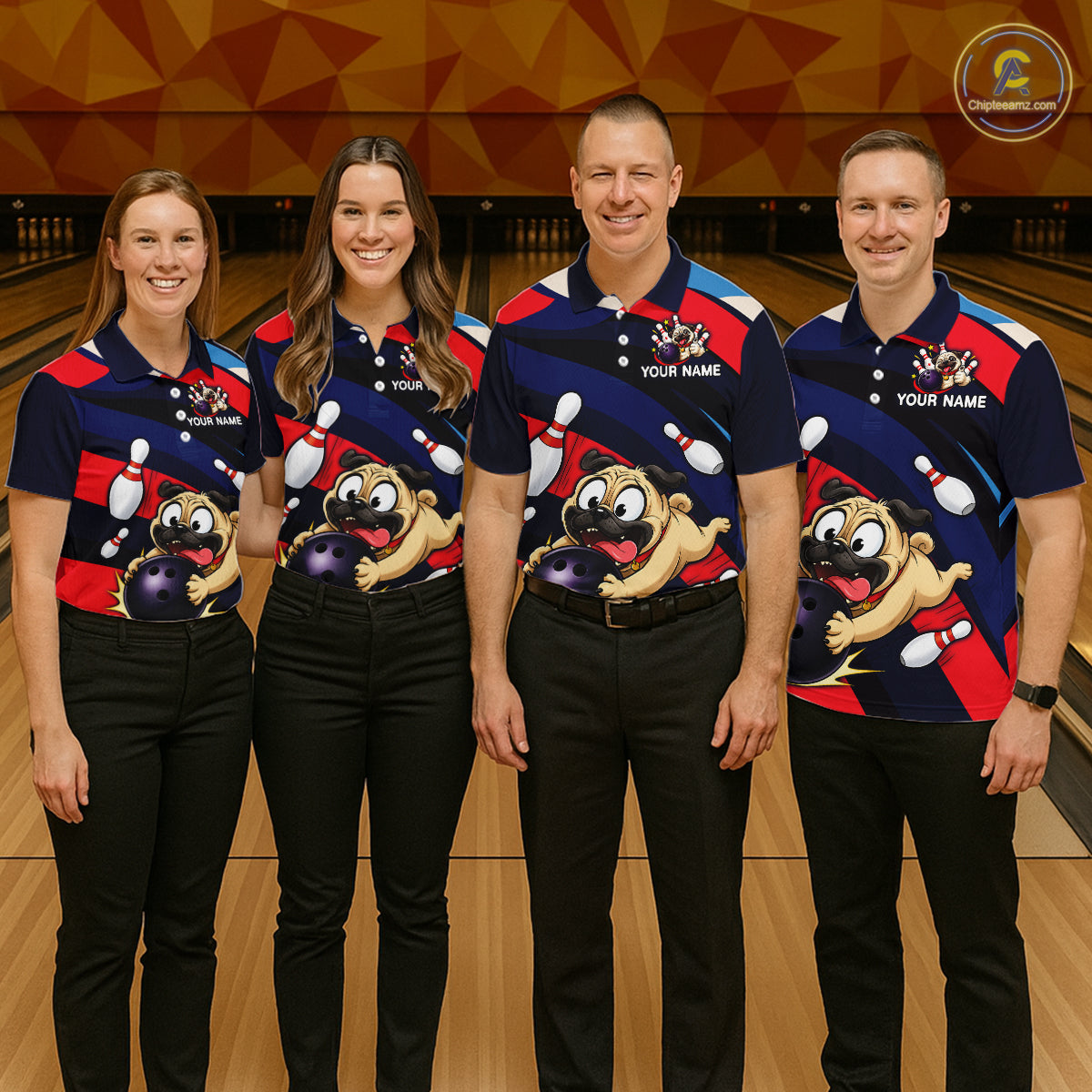 Four people wearing navy, red, and white bowling quarter zip featuring a cartoon pug holding a purple bowling ball, pins, and custom your name text.