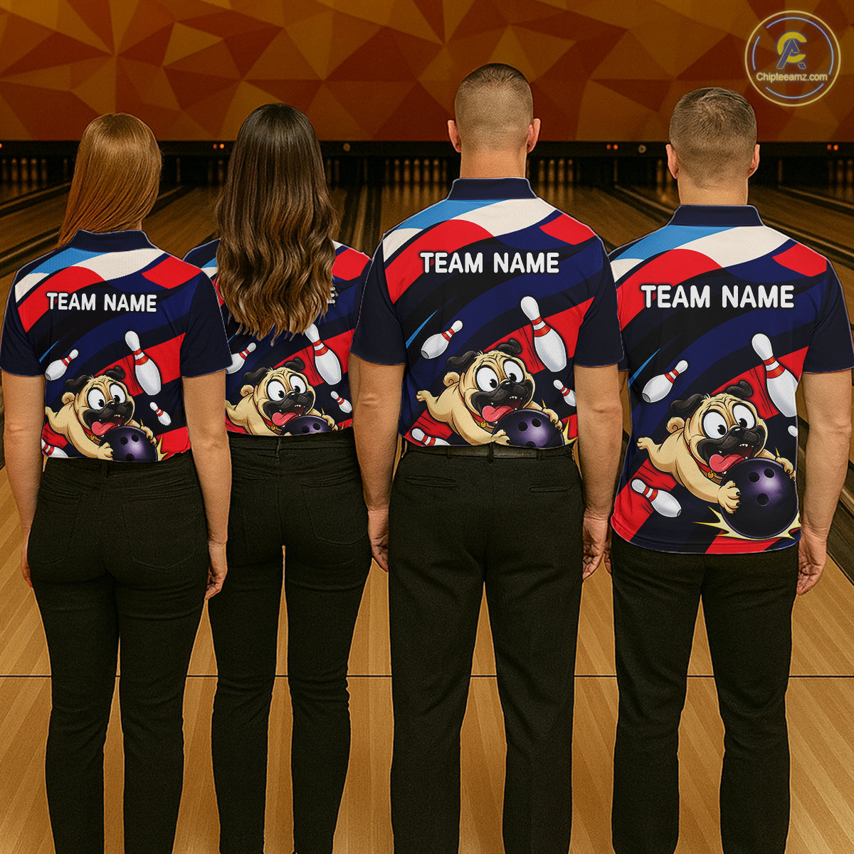 Four people wearing navy, red, and white bowling quarter zip featuring a cartoon pug holding a purple bowling ball, pins, and custom team name text.