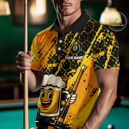 Custom Funny Yellow Beer 8 Ball Pool Billiard Shirt for Men Polo & 1/4 Zip, Billiard Team Jerseys NNT147