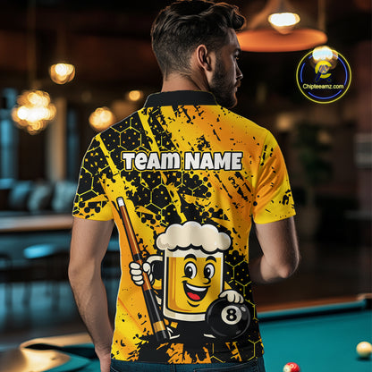 Custom Funny Yellow Beer 8 Ball Pool Billiard Shirt for Men Polo & 1/4 Zip, Billiard Team Jerseys NNT147