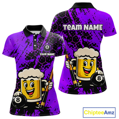 Custom Funny Purple Beer 8 Ball Pool Billiard Shirt for Women Polo & 1/4 Zip, Billiard Team Jerseys NNT147