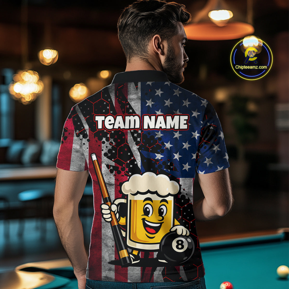 Custom Funny US Flag Beer 8 Ball Pool Billiard Shirt for Men Polo & 1/4 Zip, Billiard Team Jerseys NNT147