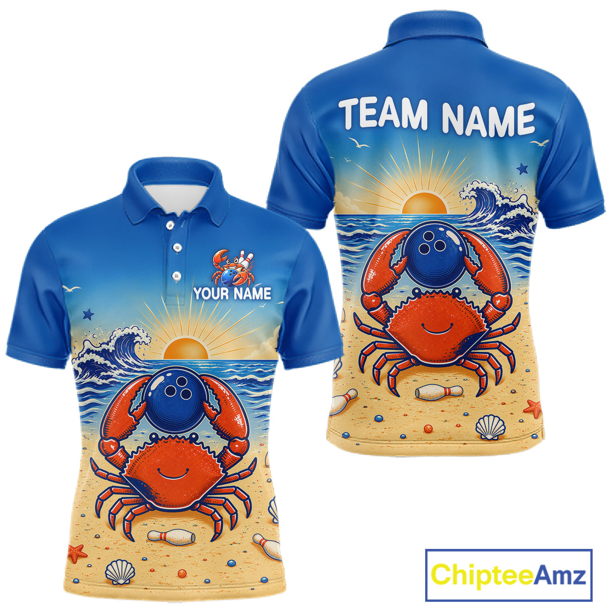 Blue polo shirt with a crab design on a beach, customizable text, and Chiptee Amz branding.