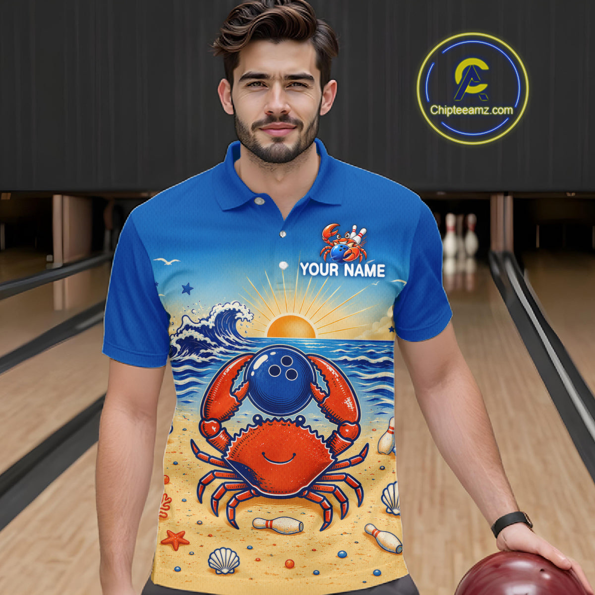 Man wearing a blue polo shirt with a crab design on a bowling alley.