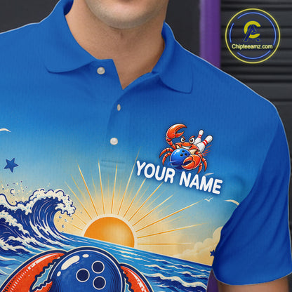Blue polo shirt with a bowling-themed design and 'Your Name' text, featuring a brand logo in the corner.
