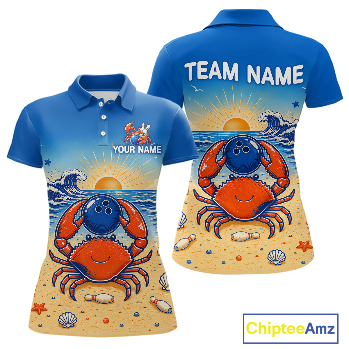 Blue polo shirt with a crab design on a beach, customizable text, and Chiptee Amz branding.