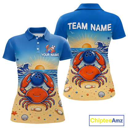 Blue polo shirt with a crab design on a beach, customizable text, and Chiptee Amz branding.