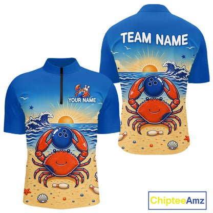 Blue sports jersey with a crab design on a beach, customizable text, and Chiptee Amz branding.