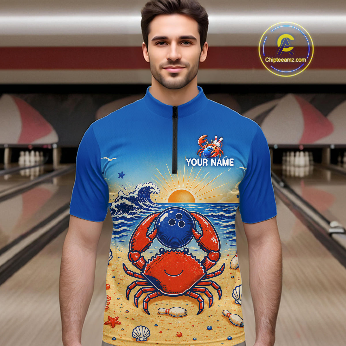 Man wearing a blue and red crab-themed shirt with a bowling design in a bowling alley.