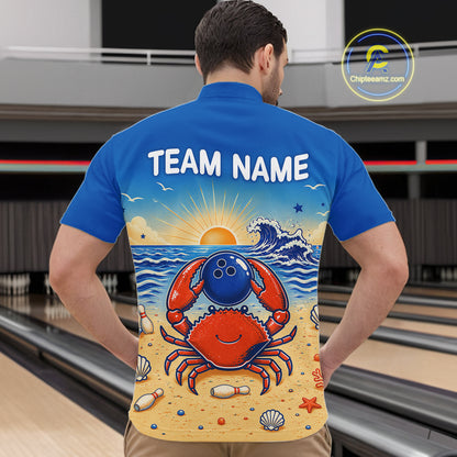 Man wearing a blue shirt with a colorful design of a crab holding a bowling ball on a beach, with 'TEAM NAME' text.