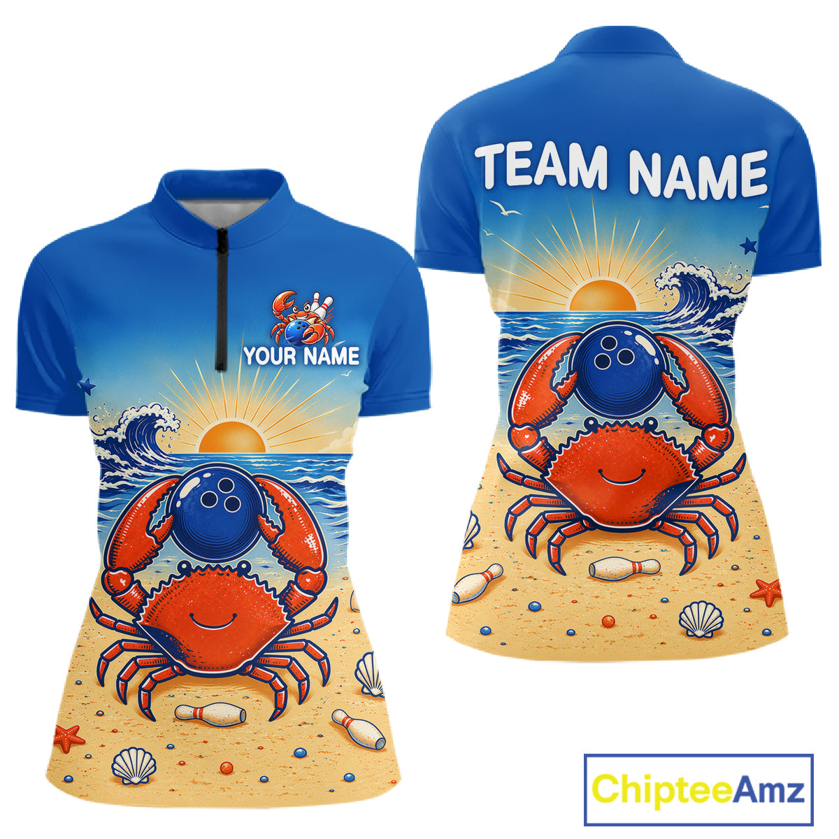 Blue and yellow sports jersey with a crab design on a beach theme, featuring 'Your Name' and 'Team Name' text.