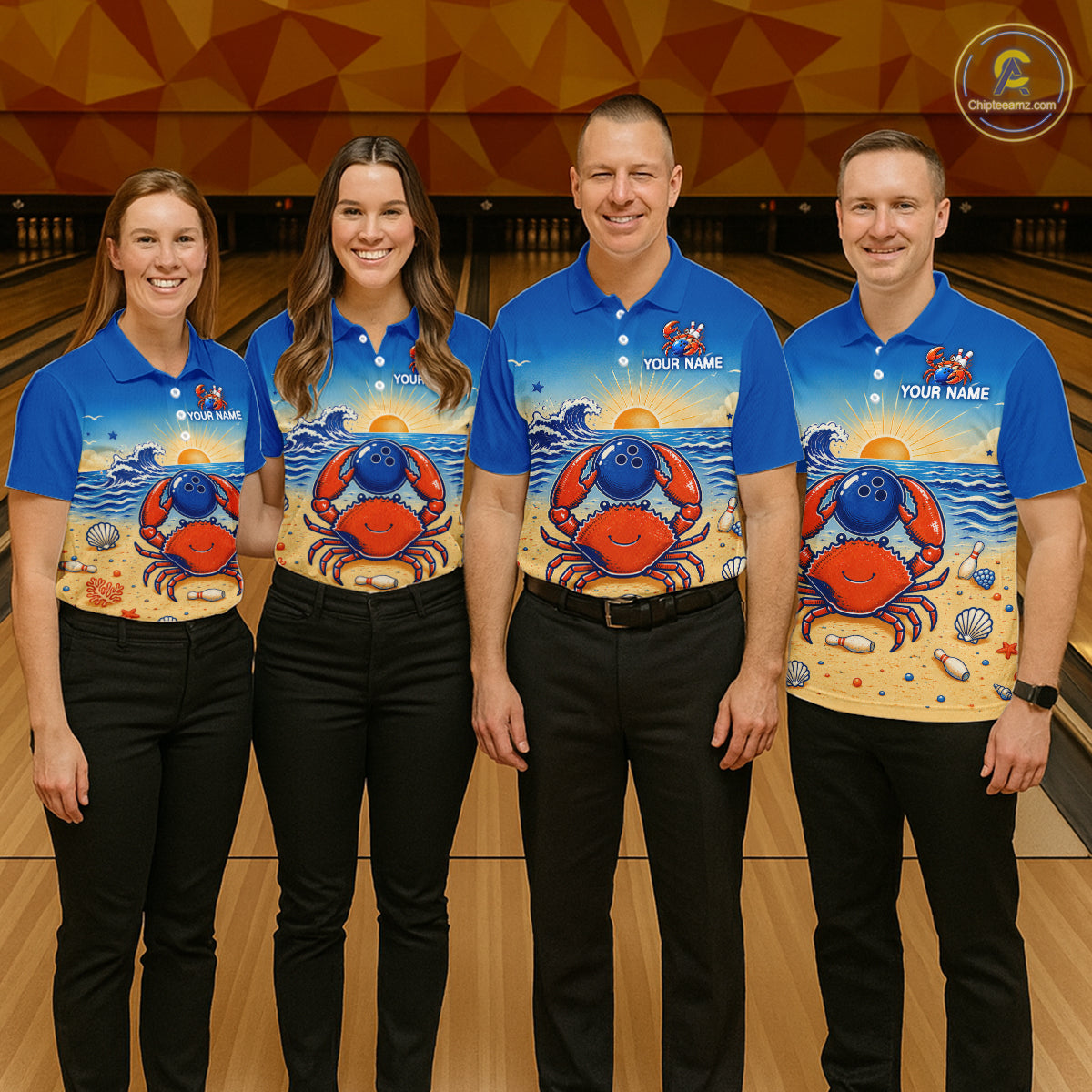 Four people wearing matching blue shirts with a crab design on a bowling alley.