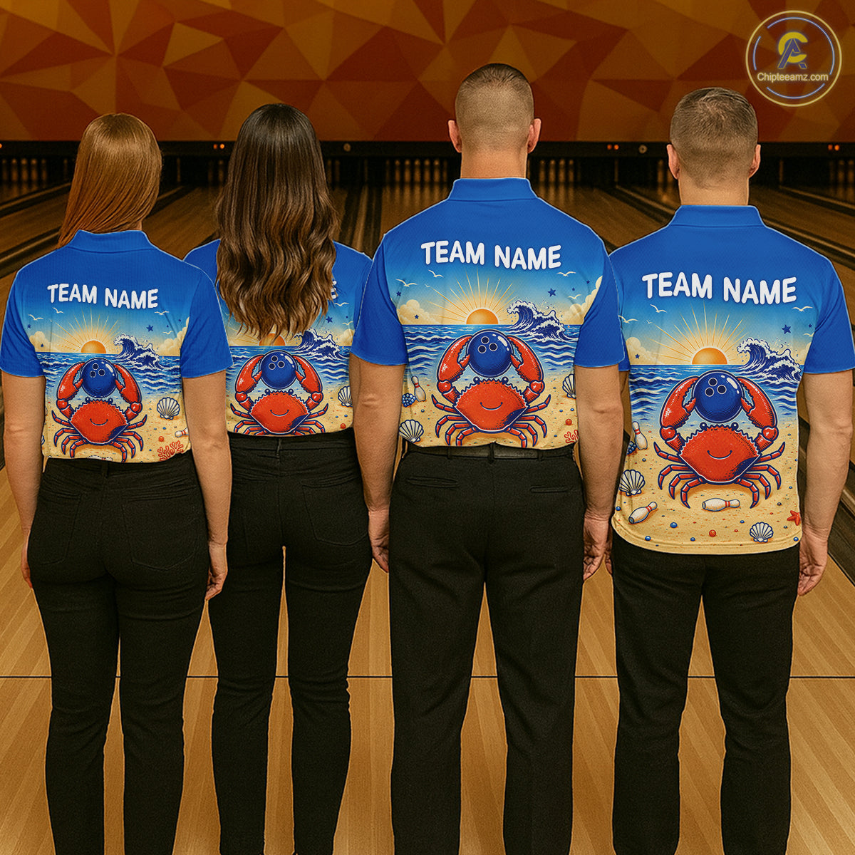 Four people wearing blue bowling shirts with a crab design on a bowling alley.