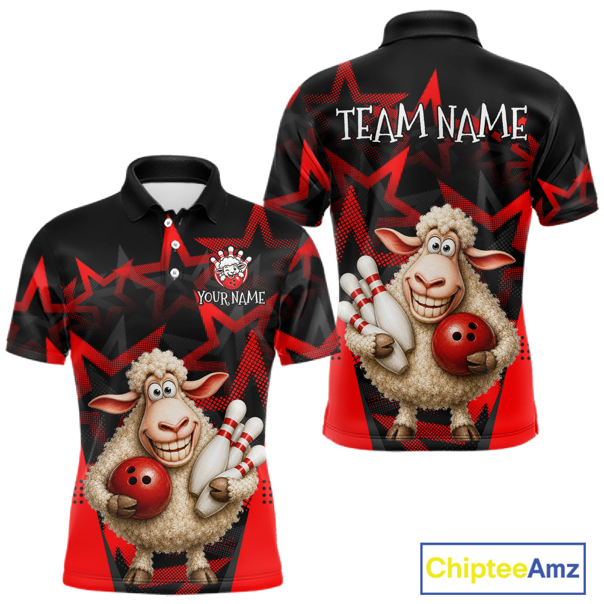 Black and red polo shirt with cartoon sheep holding bowling balls and skittles, customizable text on a white background.