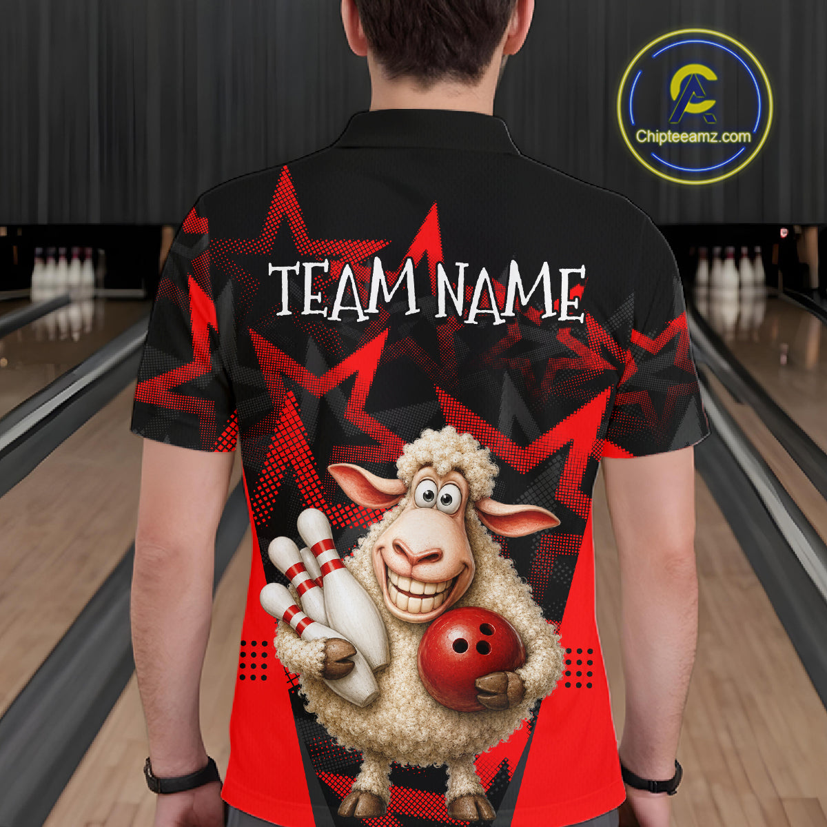 Person wearing a bowling-themed shirt with a sheep holding bowling pins and balls in a bowling alley.