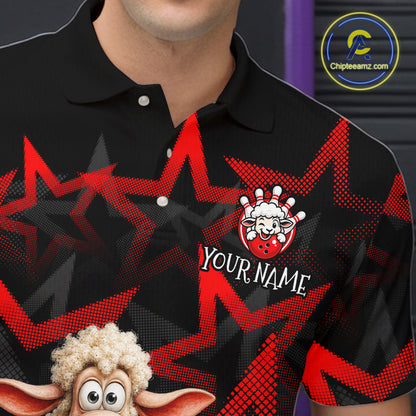 Black polo shirt with red and white pattern and cartoon character, featuring a brand logo and text.