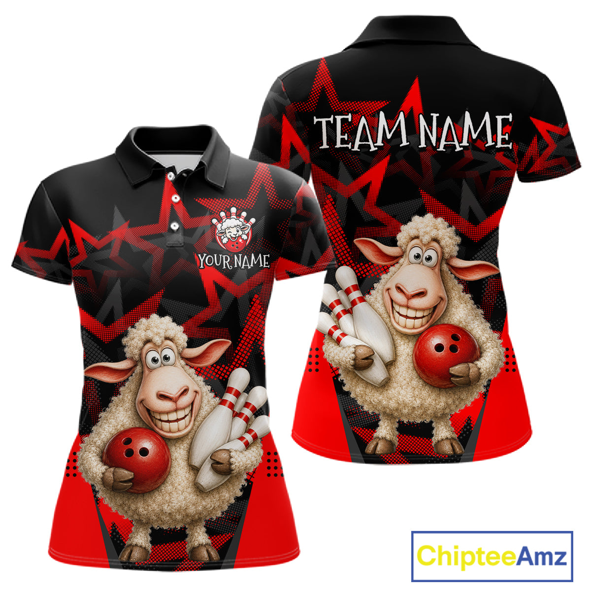 Black and red polo shirt with cartoon sheep design and customizable text on a white background