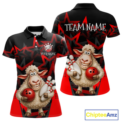 Black and red polo shirt with cartoon sheep design and customizable text on a white background