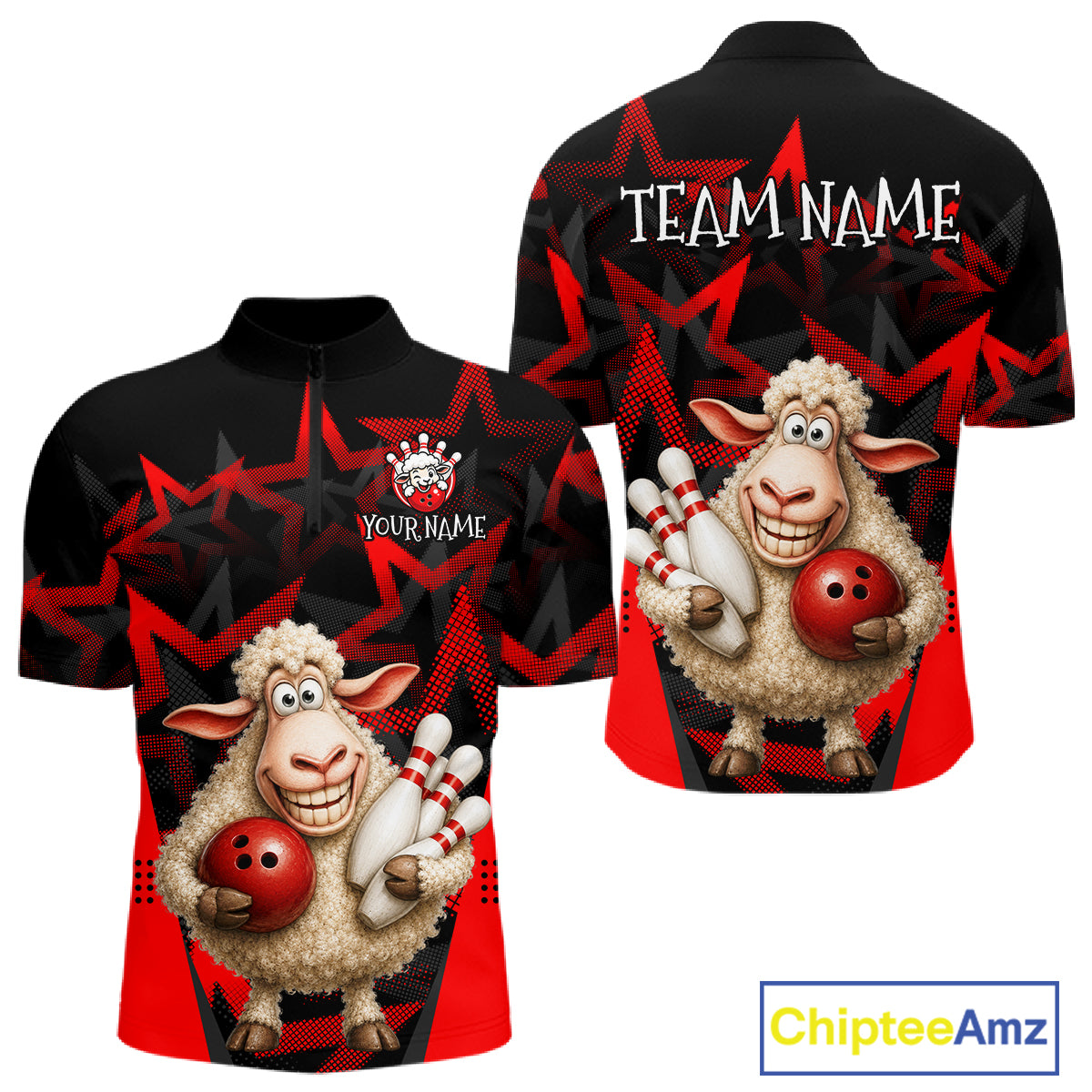 Black and red sports jersey with cartoon sheep design on a white background