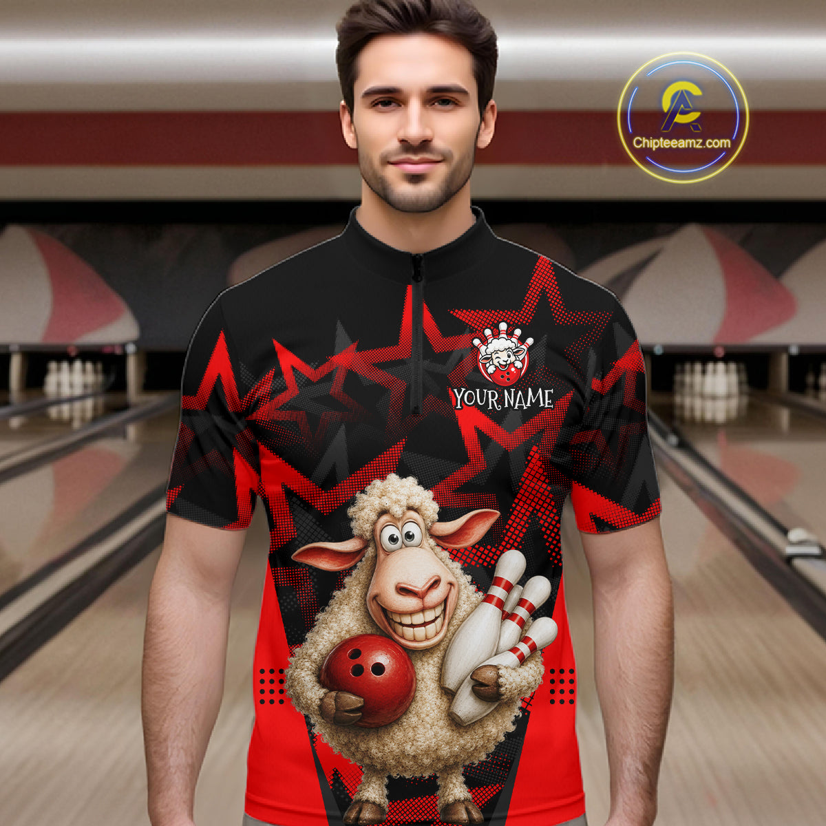 Man wearing a bowling-themed shirt with a sheep design in a bowling alley.
