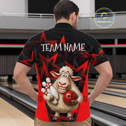 Person wearing a black bowling shirt with a sheep graphic and 'Team Name' text in a bowling alley.