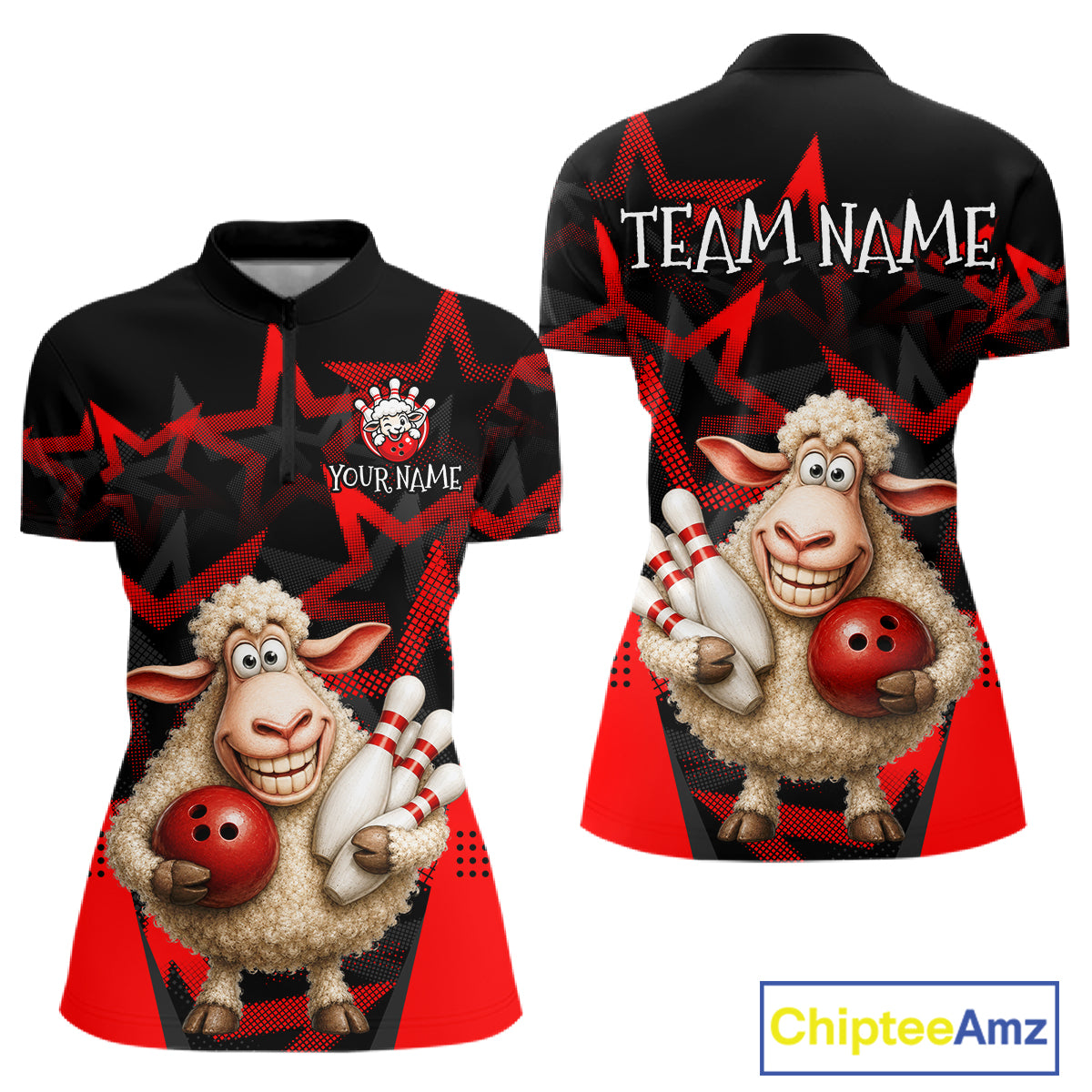 Bowling-themed shirt with cartoon sheep holding bowling balls and shoes, customizable text on a black and red background.