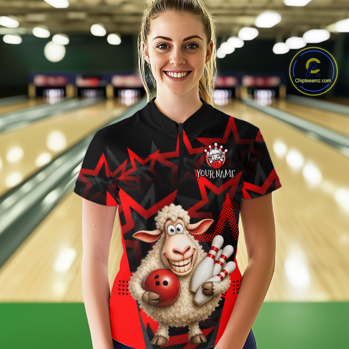 Person wearing a bowling shirt with a cartoon sheep design in a bowling alley.