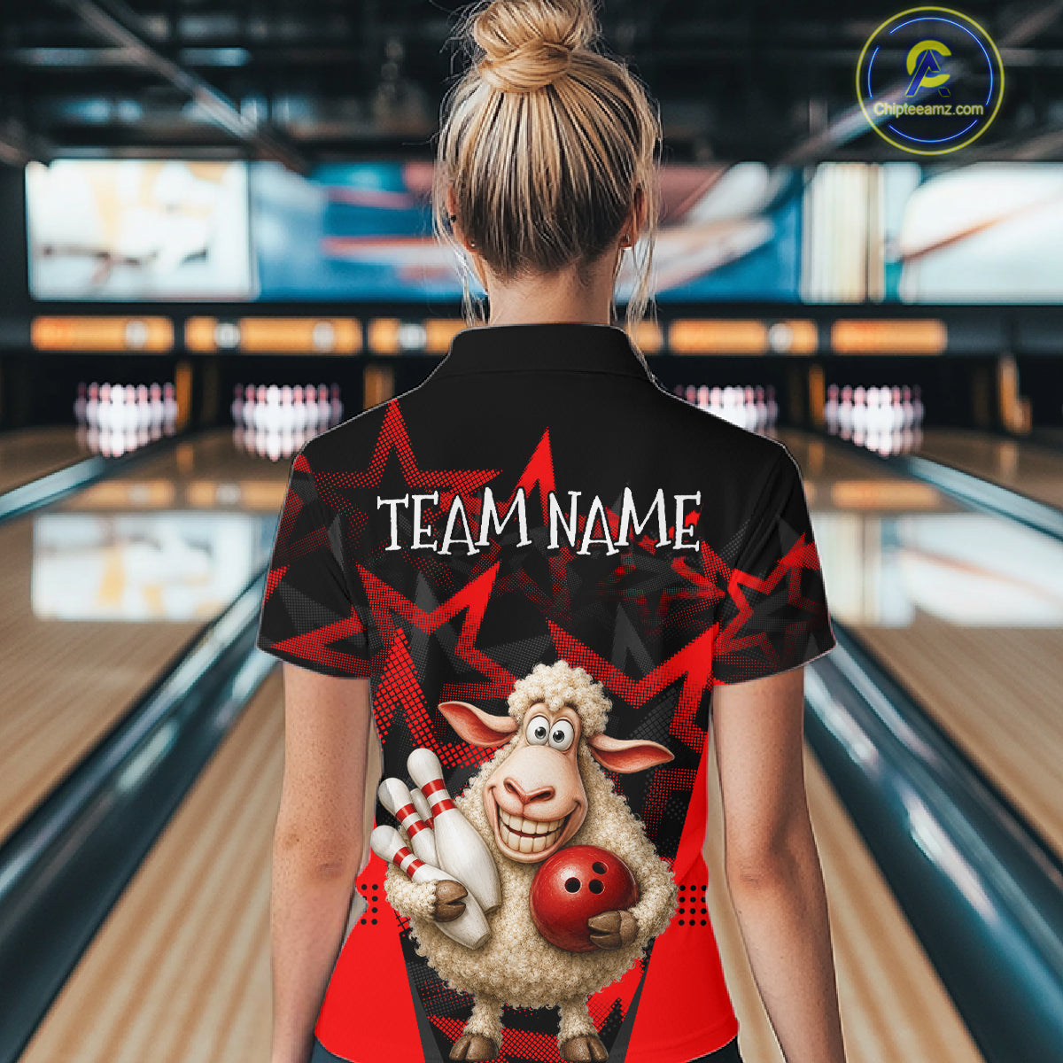 Person wearing a bowling shirt with a sheep design and 'Team Name' text in a bowling alley.