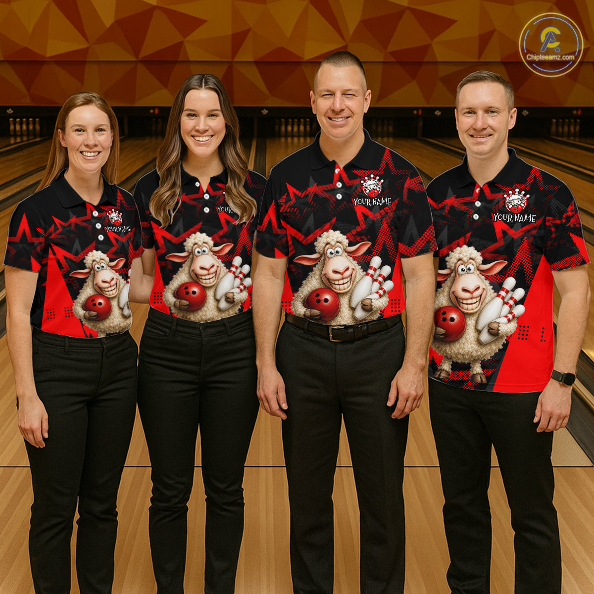 Four people wearing matching bowling shirts with cartoon sheep designs on a bowling alley background.