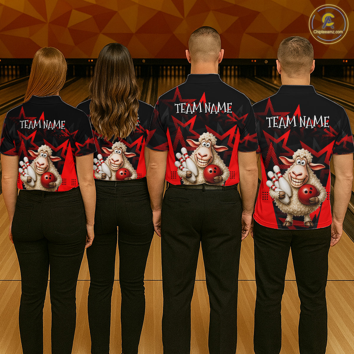 Four people wearing matching bowling shirts with a cartoon sheep design on a bowling alley.