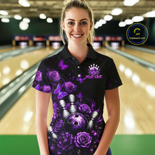 Load image into Gallery viewer, Women’s purple rose butterfly bowling polo shirt, front view on female model in bowling lane 