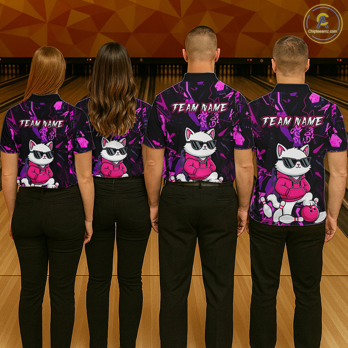 Four people standing from the back in a bowling alley, wearing matching dark purple and pink bowling shirts with a cartoon cat graphic and 'TEAM NAME' text, paired with black pants.