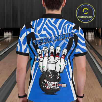 Custom Blue Funny Bowling Jersey for Men Bowling Team Shirts Bowling League Polo & 1/4 Zip HNT155