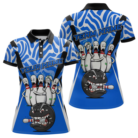 Custom Blue Funny Bowling Jersey for Women Bowling Team Shirts Bowling League Polo & 1/4 Zip HNT155