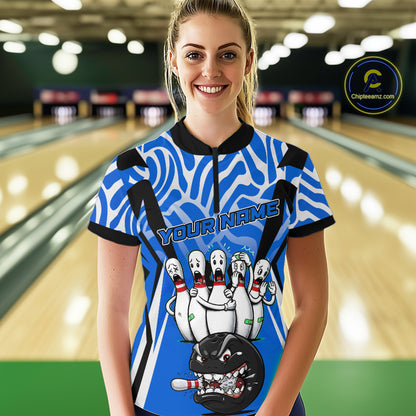 Custom Blue Funny Bowling Jersey for Women Bowling Team Shirts Bowling League Polo & 1/4 Zip HNT155
